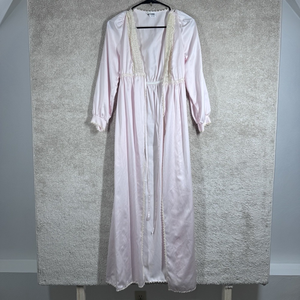 Miss Dior Vintage Pink Satin Lace Bridal Nightgown & Robe Peignoir Set Size S/M